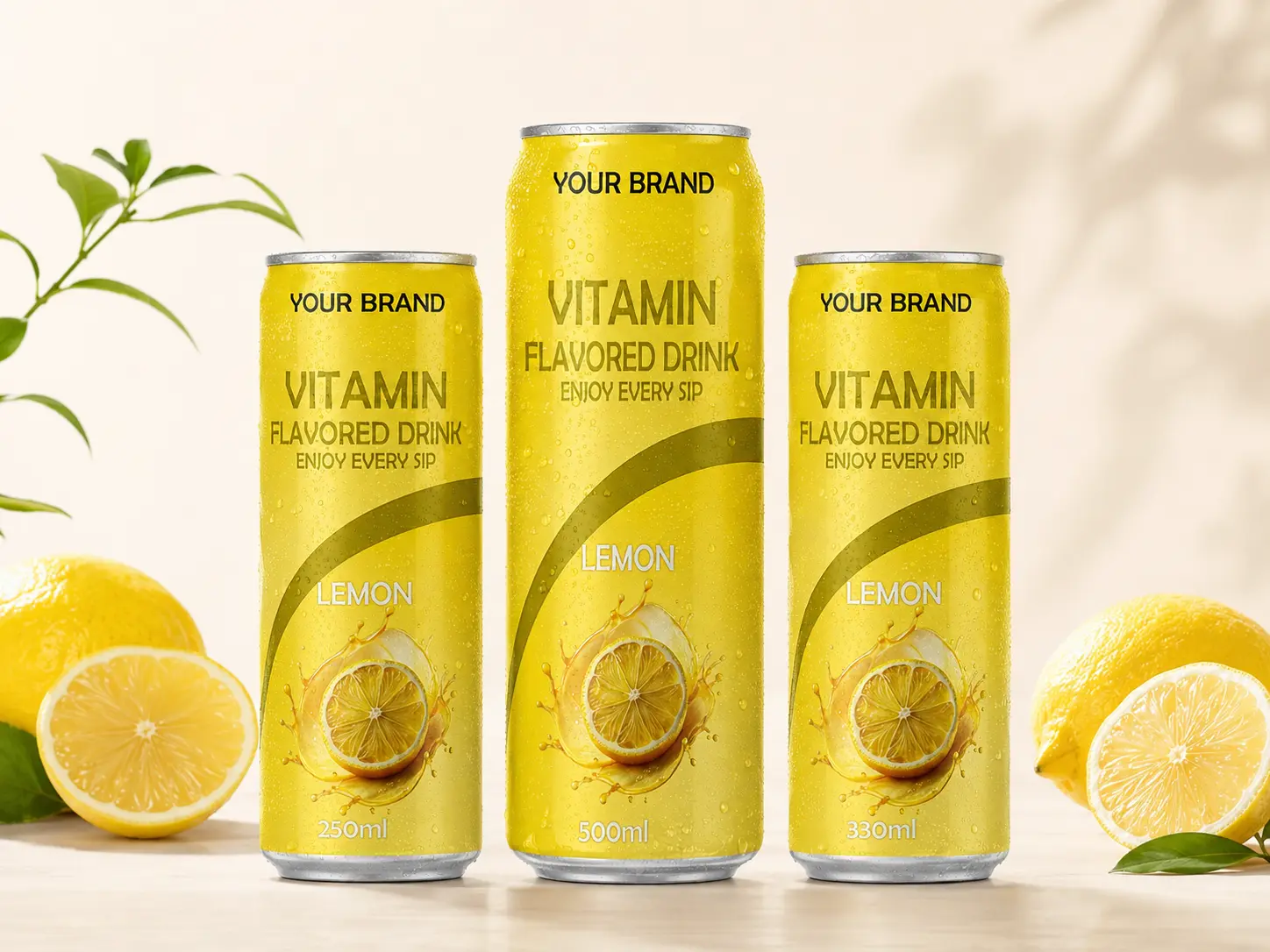 VITAMIN FLAVORED DRINK Lemon flavour in 250ml, 500ml, and 330ml cans.